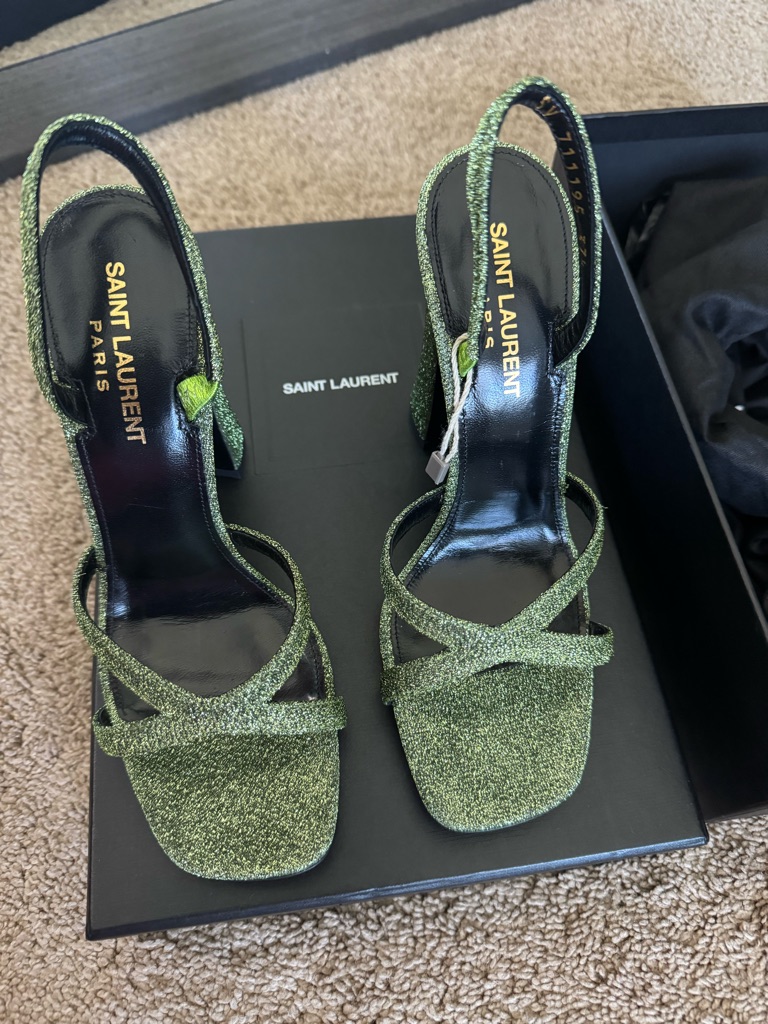 Saint Laurent Metallic Green Glitter Strappy Slingback Heels